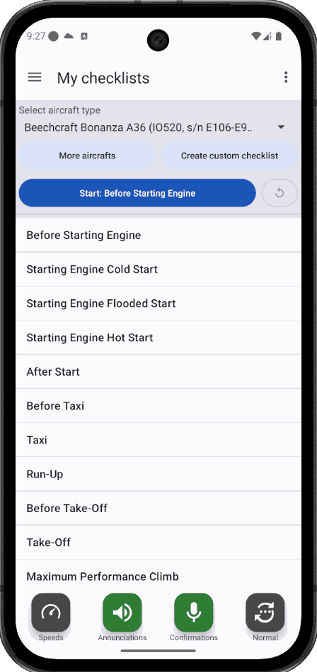 Pilot Checklists showing the checklist list for a Beechcraft Bonanza A36