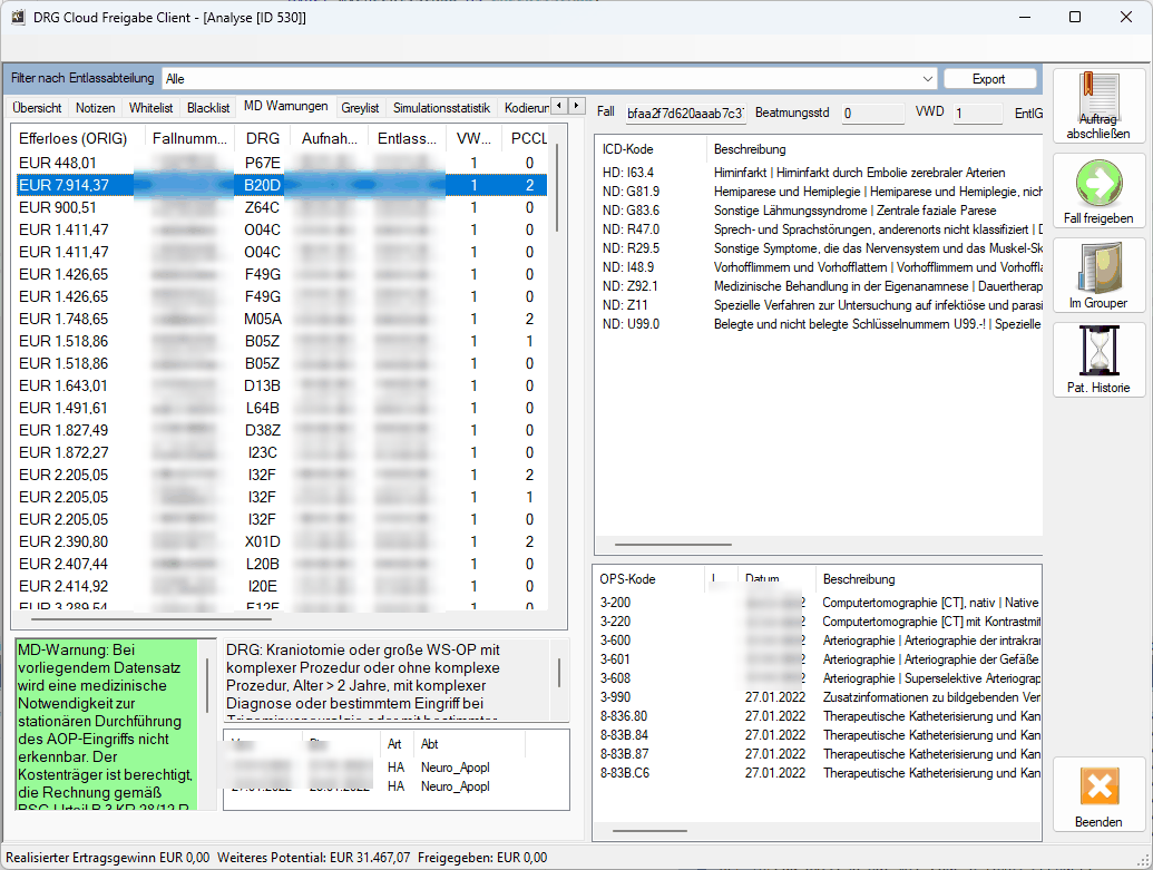 DRG-CloudCheck showing an MD warning explaining why a case may be queried