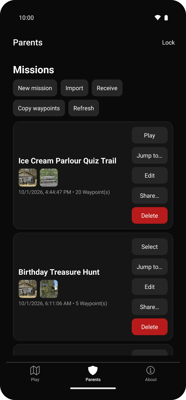 The KidQuest parents area listing several saved treasure hunts