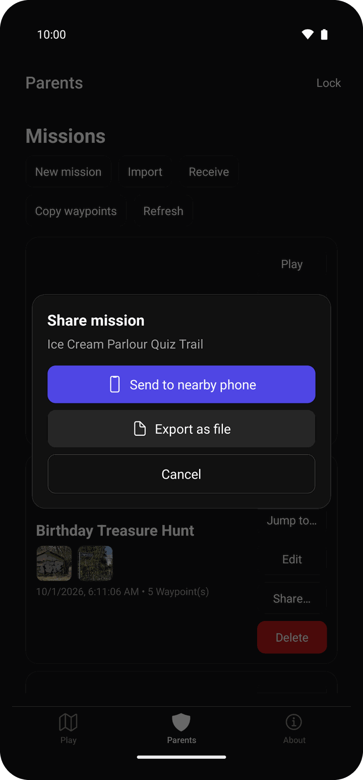 The KidQuest share dialog: send a hunt to a nearby phone or export it as a file