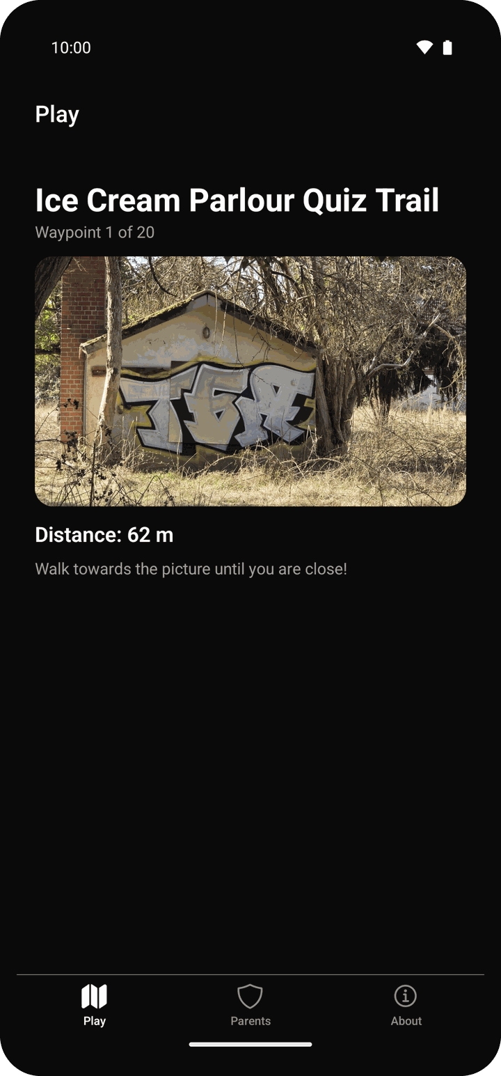 KidQuest on a phone: a photo of the next stop and the distance still to go, 62 metres