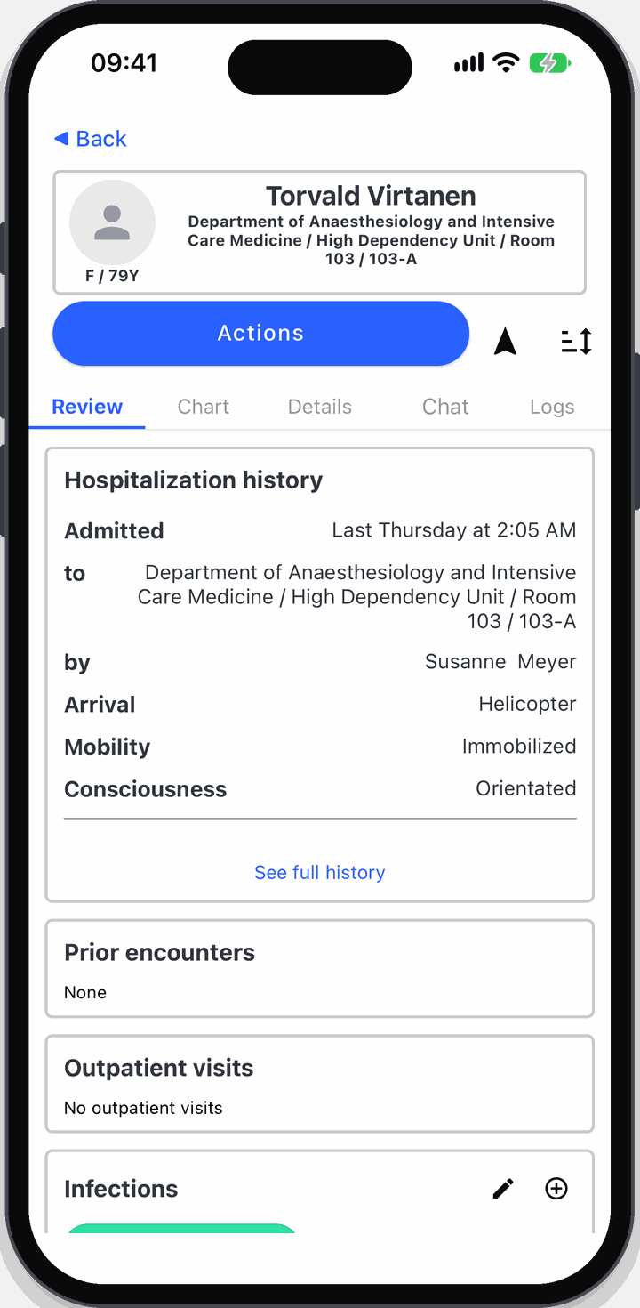 The Pulsonics patient review screen, showing hospitalisation history, prior encounters, outpatient visits and infections