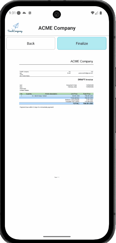 A draft invoice preview in TouchCompany with a Finalize button